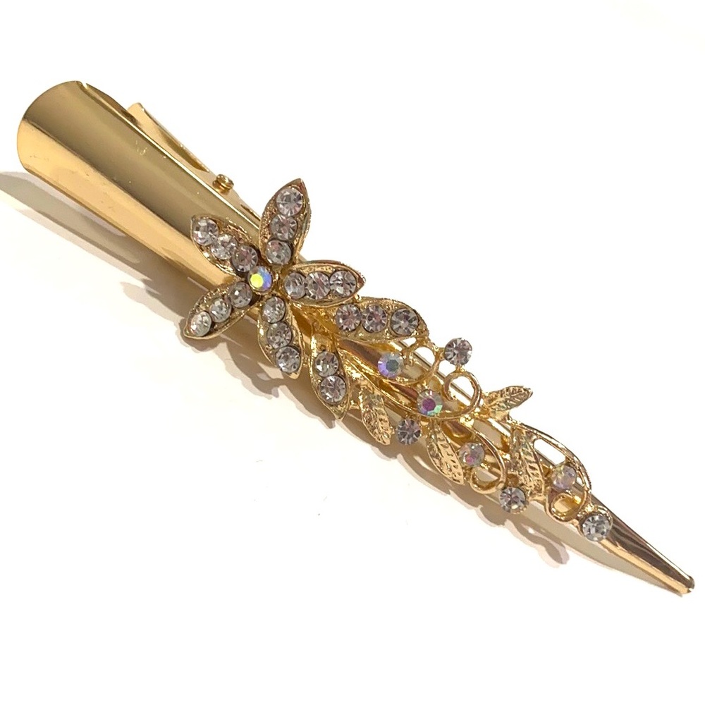 Updo Alligator Hair Clip Gold Tone Clear Shimmer Flower
